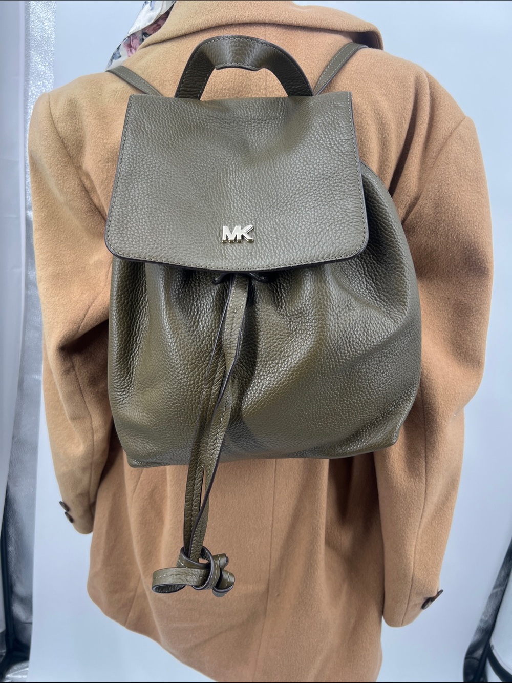 Michael Kors Olive Pebbled Leather Drawstring Backpack
